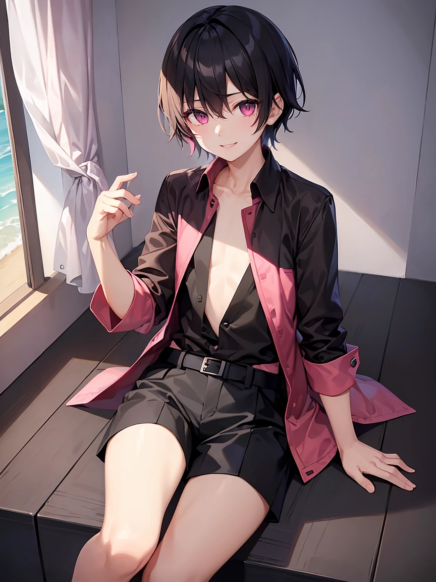 male、juvenile、Black short hair、Pink eyes、solo、Jacket、shirt、pants、smile、Flat Chest、黒いshirt