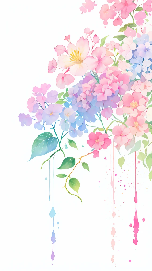watercolor paiting,It features a simple,Lots of white space,Background Material,Watercolor texture,Rainbow Gradient flower blush red and blue and green and yellow and purple Colorful anyway gradient hydrangea white background, (best quality), masterpiece, extremely detailed 