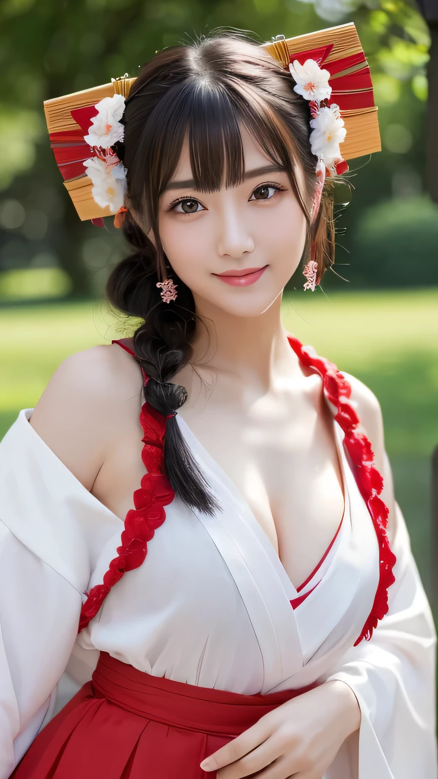 (masterpiece:1.3), (8K, Photorealistic, Raw photo, Best image quality: 1.4), Japanese 、Take a full-body photo，White kimono、Red long skirt、Shrine maiden、Cute costume，Japanese hairstyle，crystal，Natural color lip，(Random Hairstyles:1.2)、Cleavage:1.2、Super detailed face、Attention to detail、double eyelid、Put your chest together、Sharp focus:1.2、Beautiful woman:1.4、Black Hair、highest quality、masterpiece、超A high resolution、(Photorealistic:1.4)、Highly detailed and professionally lit smile、