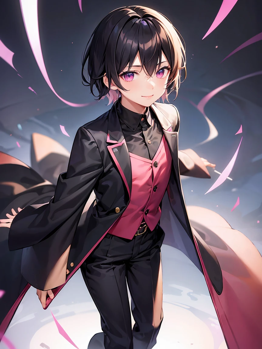 male、juvenile、Black short hair、Pink eyes、solo、coat、shirt、pants、smile、Flat Chest、黒いshirt