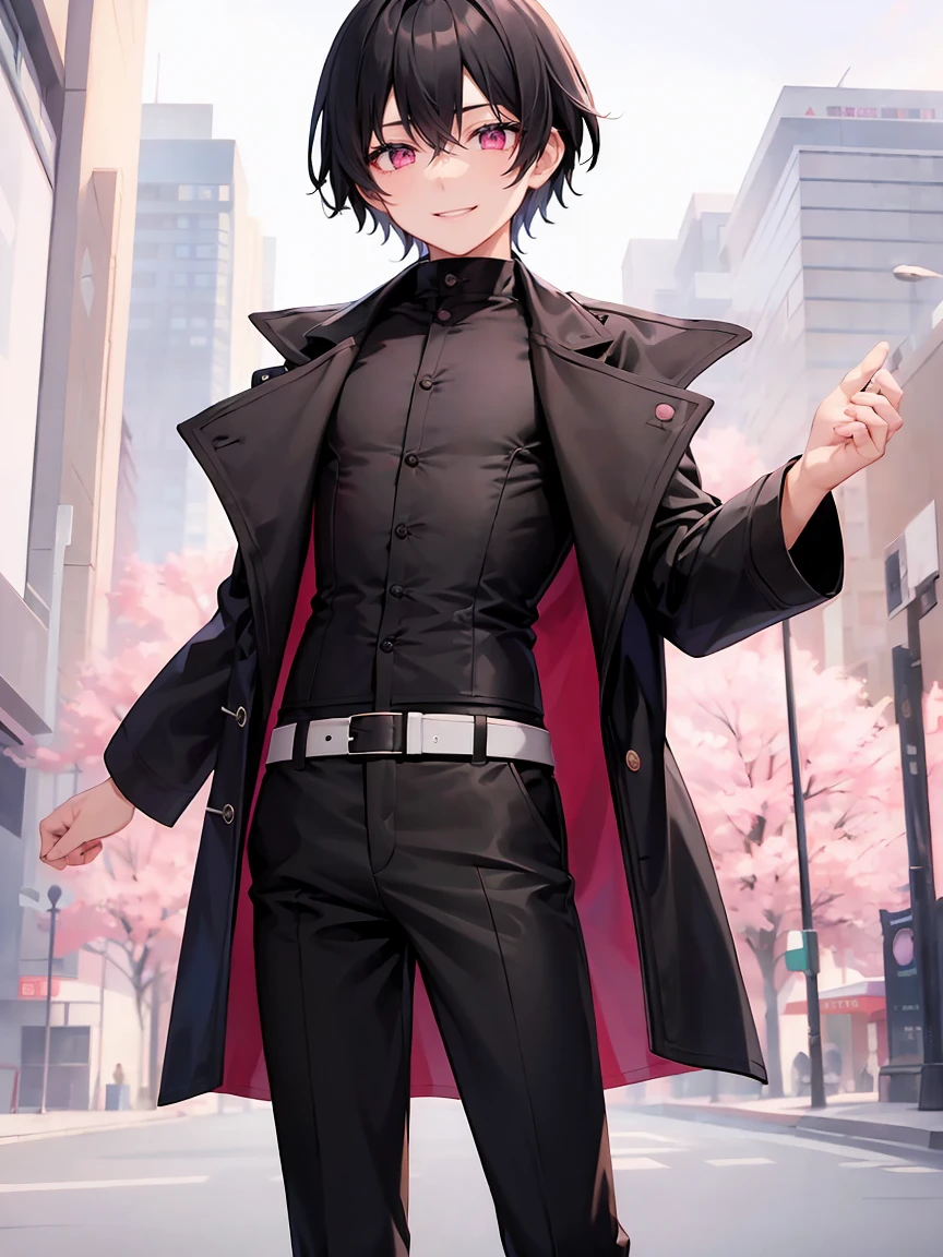 male、juvenile、Black short hair、Pink eyes、solo、coat、shirt、pants、smile、Flat Chest、黒いshirt