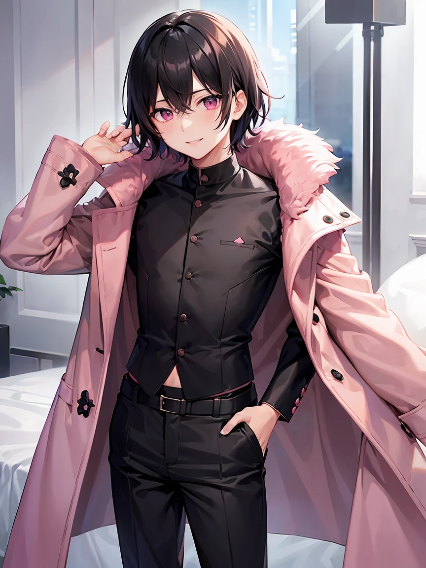 male、juvenile、Black short hair、Pink eyes、solo、coat、shirt、pants、smile、Flat Chest、黒いshirt