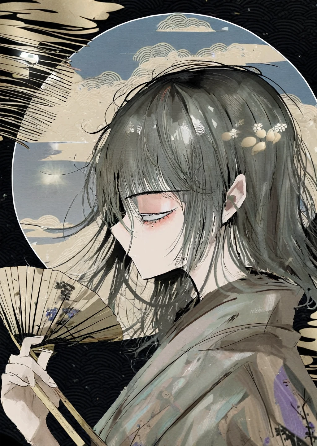 by Demizu Posuka by ziyun,
Detailed face paper texture of one girl in kimono, 
Fan from the side, 
Slope
(High resolution, 
masterpiece, 
Highest quality, )