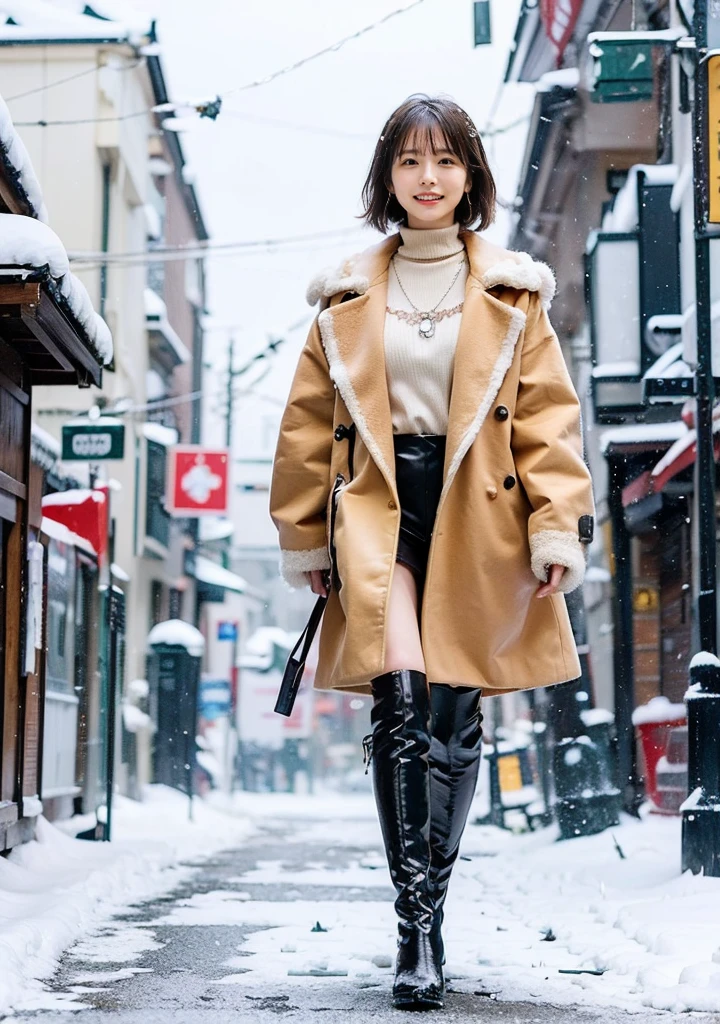 Outdoors in the city、Fur coat、豪華なグレーのミンクのFur coat、Wear fine leather boots、Luxury Bags、Inner turtleneck、Silver necklace and small silver earrings, Illionaire style:1.4））、Full body photo、smile、 Caustics、Highly detailed photos、Very beautiful woman 、Ample breasts、No makeup、(8K、RAW Photos、Highest quality、masterpiece:1.2)、(Realistic、Realistic)、1 Girl、((Medium Short Hair、Midwinter、Cold region Snow falling、The wind is blowing、Fluttering Hair、Blur the background、Colorful illuminations、Looking into the camera:1.4))、
