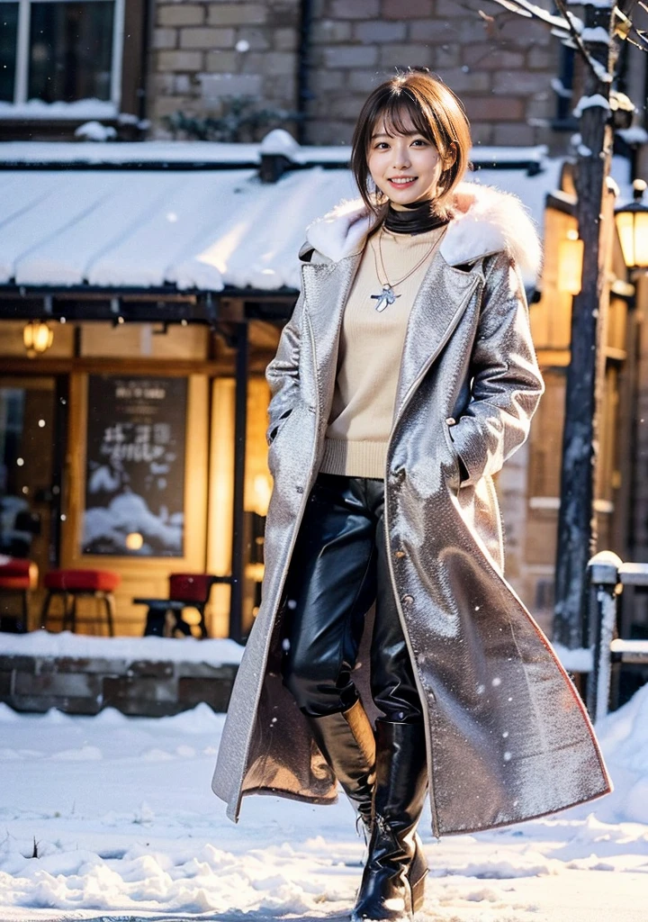 Outdoors in the city、Fur coat、豪華なグレーのミンクのFur coat、Wear fine leather boots、Luxury Bags、Inner turtleneck、Silver necklace and small silver earrings, Illionaire style:1.4))、Full body photo、smile、 Caustics、Highly detailed photos、Very beautiful woman 、Ample breasts、No makeup、(8K、RAW Photos、Highest quality、masterpiece:1.2)、(Realistic、Realistic)、1 Girl、((Medium Short Hair、Midwinter、Cold region Snow falling、The wind is blowing、Fluttering Hair、Blur the background、Colorful illuminations、Looking into the camera:1.4))、