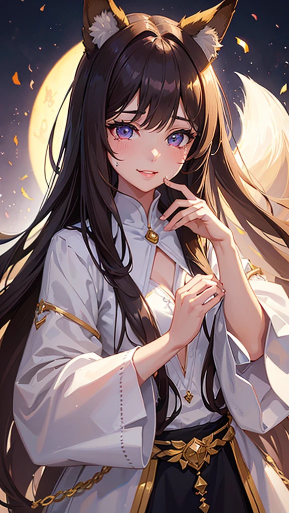 a girl with fox ears, smiling, crying, long brown hair with bangs, left eye pink, right eye blue, detailed face, beautiful detailed eyes, beautiful detailed lips, extremely detailed eyes and face, long eyelashes, emotional expression, oil painting, digital painting, 8k, highly detailed, photorealistic, masterpiece, vibrant colors, dramatic lighting