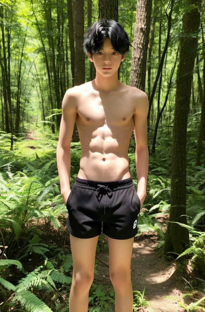 15-year-old boy, Upper body naked, Shorts ,Smooth Skin,Forest, Black Hair, Thin、Beautiful Boy、Japanese、Dark Eyes、whole body
