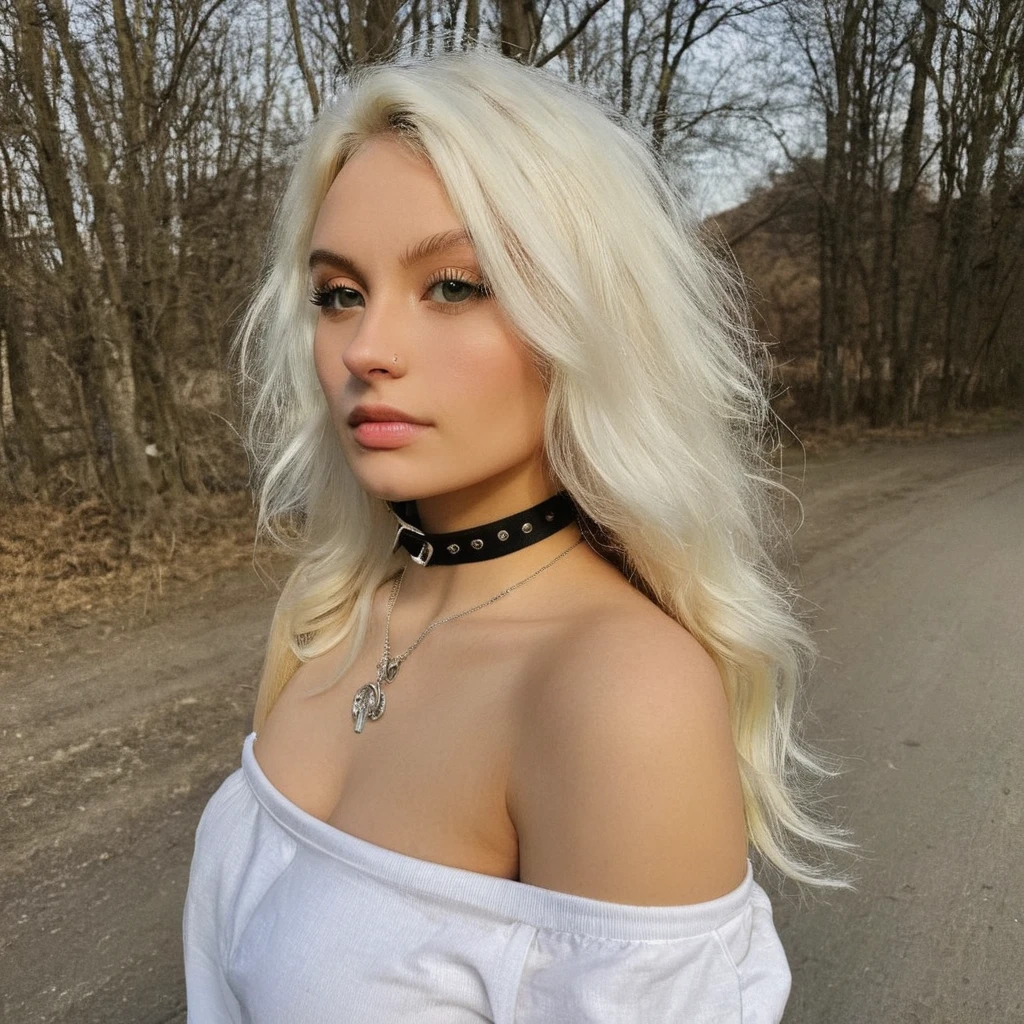 Глядя прямо в камеру, зернистость, текстура кожи, erotic photo, , Instagram selжie oж a woman with long loose blonde hair wearing a choker,evening жorrest in the background,ж/1.8, 