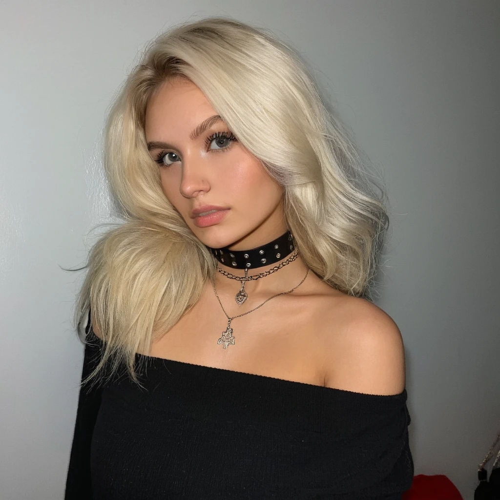 Глядя прямо в камеру, зернистость, текстура кожи, erotic photo, , Instagram selжie oж a woman with long loose blonde hair wearing a choker,evening жorrest in the background,ж/1.8, 