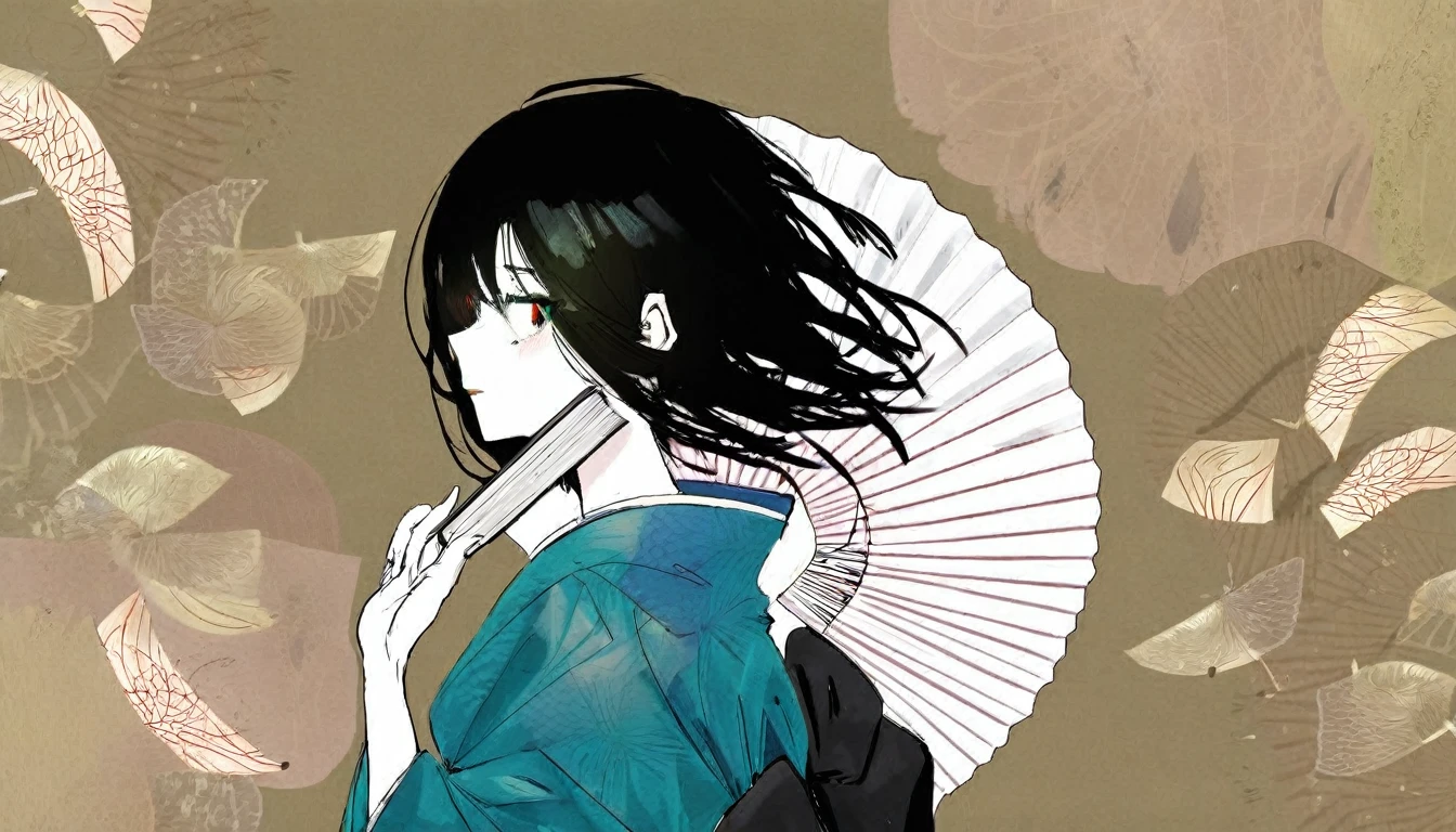 by Demizu Posuka by ziyun,
Detailed face paper texture of one girl in kimono,
Fan from the side,
Slope
(High resolution,
masterpiece,
Highest quality, )
