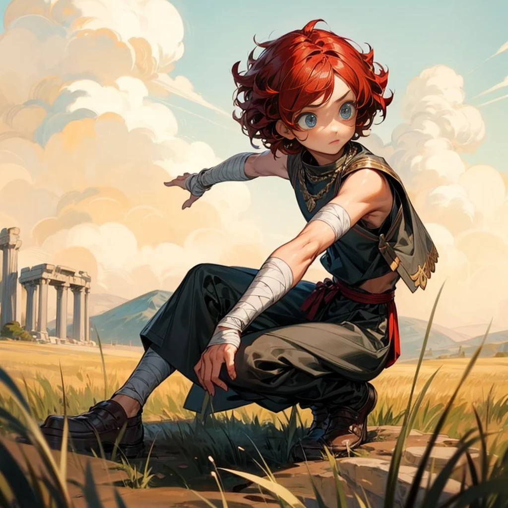 1little boy, Full body version, 1character, blue eyes color, sad eyes, eyeliner, native skin, classic Curly haircut, big eyes type, red colour hair, Ancient greek clothing style, armor vest, black color clothing, necklaces, bandage on hand, Grassroots background in field castle, motion blur