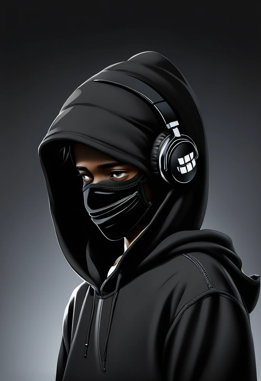 boy whith hoodie and headset , black face mask 
depressed , black clothes