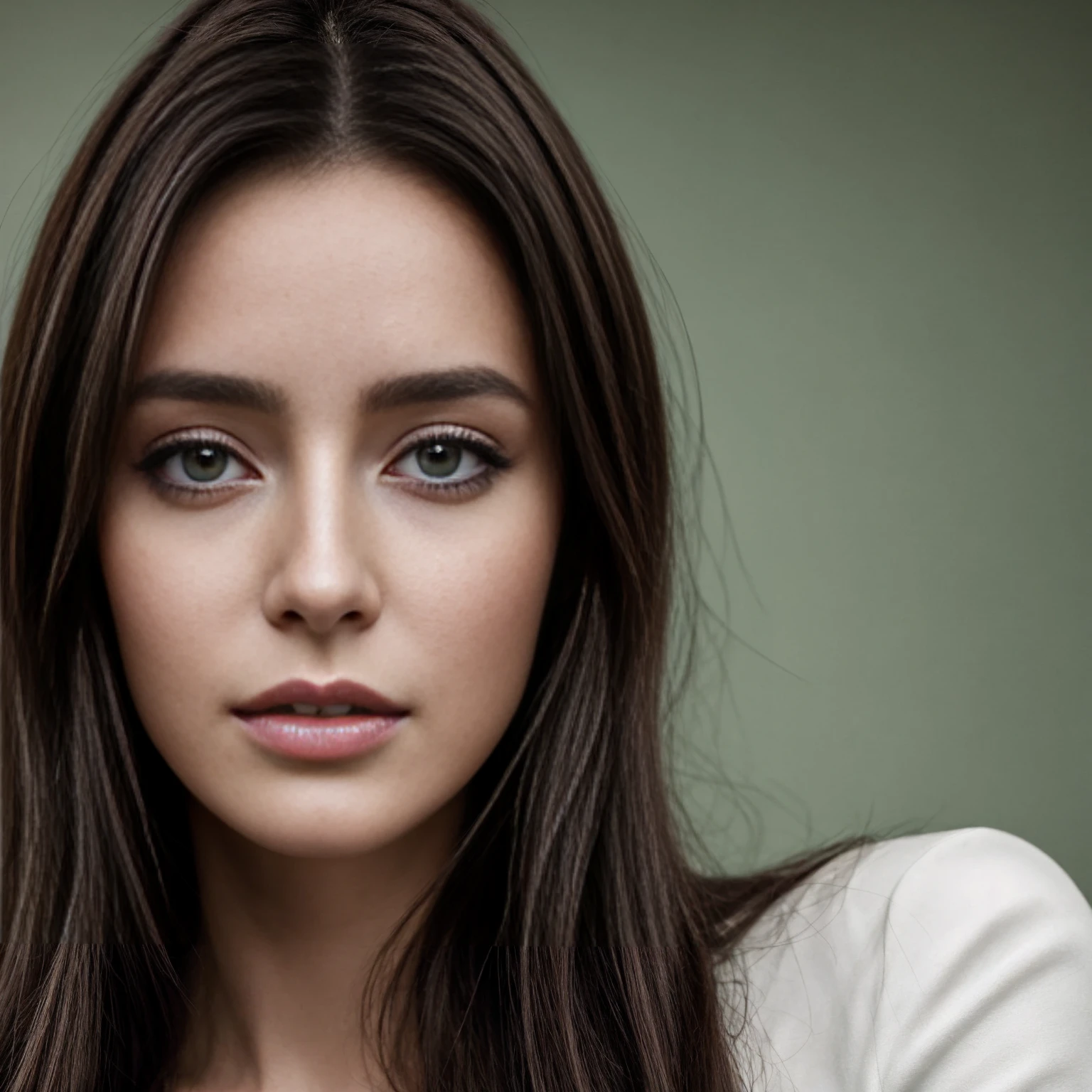 photo ultra réaliste d'un portrait d'une femme de 25 ans, seule, brune avec de longs cheveux lisses, yeux vert/gris clair, européenne, sans maquillage, visage dégagé, visage lumineux quelques tâches de rousseur, ultra détaillé, très détaillé, 8k, haute résolution, détail maximum, rugosité, haute rugosité, photo face au spectateur, photo de face, vrai vie, ultra réaliste