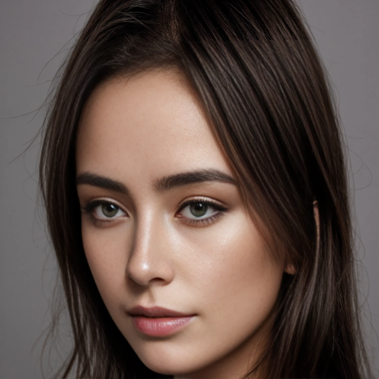 photo ultra réaliste d'un portrait d'une femme de 25 ans, seule, brune avec de longs cheveux lisses, yeux vert/gris clair, européenne, sans maquillage, visage dégagé, visage lumineux quelques tâches de rousseur, ultra détaillé, très détaillé, 8k, haute résolution, détail maximum, rugosité, haute rugosité, photo face au spectateur, photo de face, vrai vie, ultra réaliste