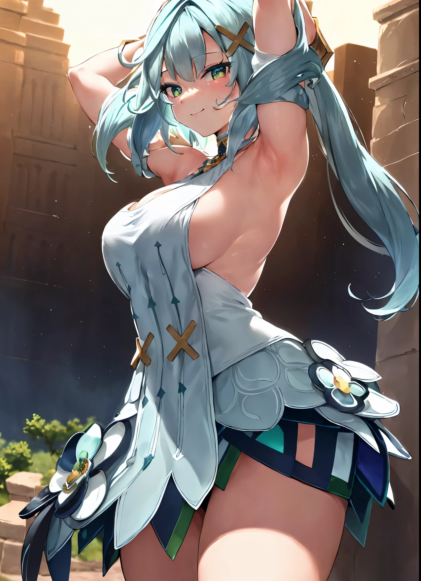 faruzandef, full body, high detailed face, high detailed dress, smile, looking at viewer, armpits, arms up, standing up, dynamic pose, medium breasts, side breasts, sexy, perfect round ass, sunny ancient desert ruins. Background.