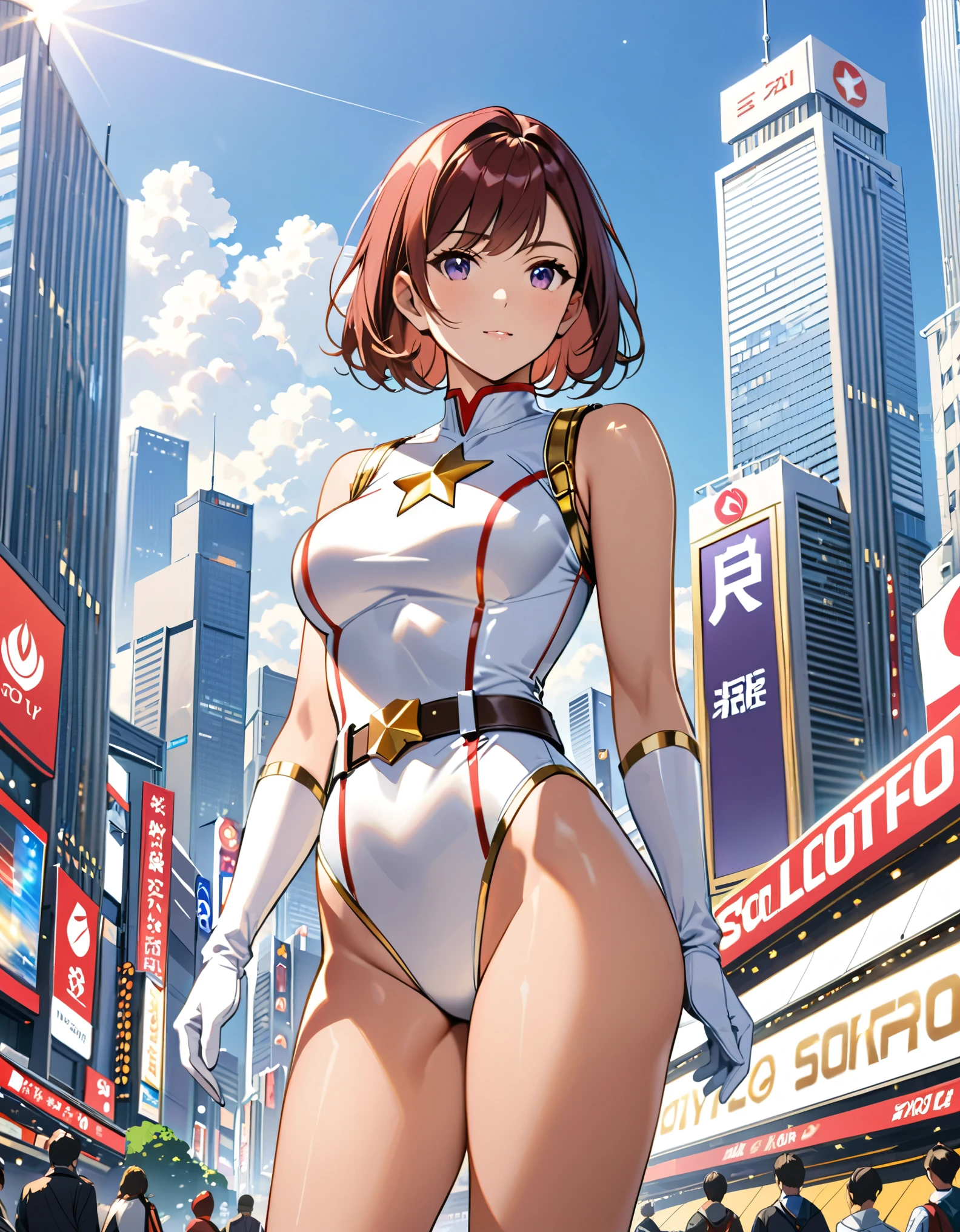 (masterpiece), (best quality), (high res), medium breasts, ((leotard, white and red leotard, matching leotard, sleeveless, bare legs)), ((tight belt, gold belt)), ((boots, matching boots, ankle-high boots, white boots)), ((gloves, white gloves)), city backdrop, tokyo city backdrop, solo, solo focus, standing, (full body), cowboy shot, superhero, ((beautiful detailed eyes)), ((gold star symbol on chest)), (brown hair, medium hair, bob hair, purple eyes), (perfect hands, perfect anatomy), cowboy shot, superhero, ((beautiful detailed eyes)), full body costume design.