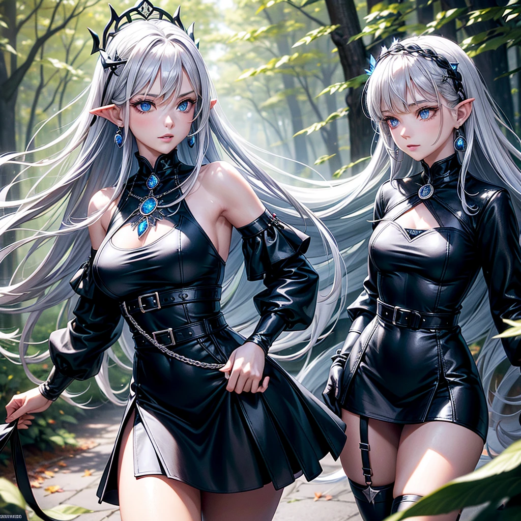 a beautiful woman with long silver hair, pointed ears, and bright blue eyes, wearing a black dress with a high collar and short skirt, a thick silver chain belt with a round silver medallion, black leather gloves, and silver earrings with a small blue sapphire, walking through a red maple forest with falling red maple leaves covering the ground, sunlight streaking through the trees, highly detailed, photorealistic, masterpiece.