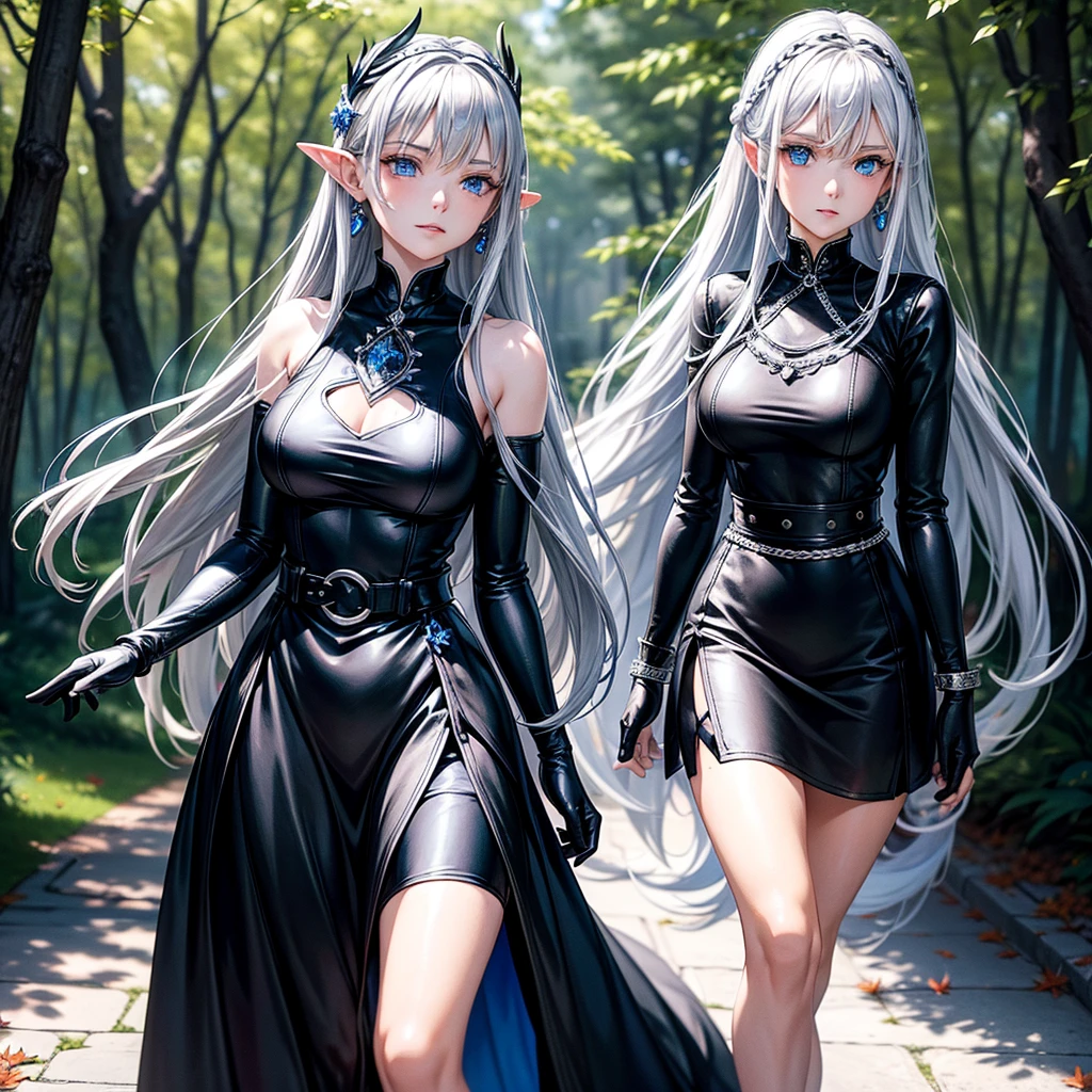 a beautiful woman with long silver hair, pointed ears, and bright blue eyes, wearing a black dress with a high collar and short skirt, a thick silver chain belt with a round silver medallion, black leather gloves, and silver earrings with a small blue sapphire, walking through a red maple forest with falling red maple leaves covering the ground, sunlight streaking through the trees, highly detailed, photorealistic, masterpiece.
