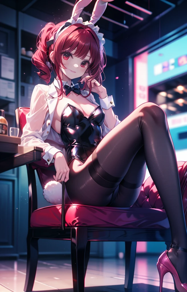 Arima Kana, (Red eyes:1.5), Bob Hair,smile,Redhead,Small breasts,(Bunny girl:1.5),(Black Playboy Bunny:1.0),Bunny ears headband,Fishnet tights,Stiletto heels,sitting cross-legged on a chair,whole bodyがイラストに入るように
break looking at viewer,whole body,
break indoors, stage,
break (masterpiece:1.2), Highest quality, High resolution, unity 8k wallpaper, (shape:0.8), (Beautiful and beautiful eyes:1.6), Highly detailed face, Perfect lighting, Extremely detailed CG, (Perfect hands, Perfect Anatomy),