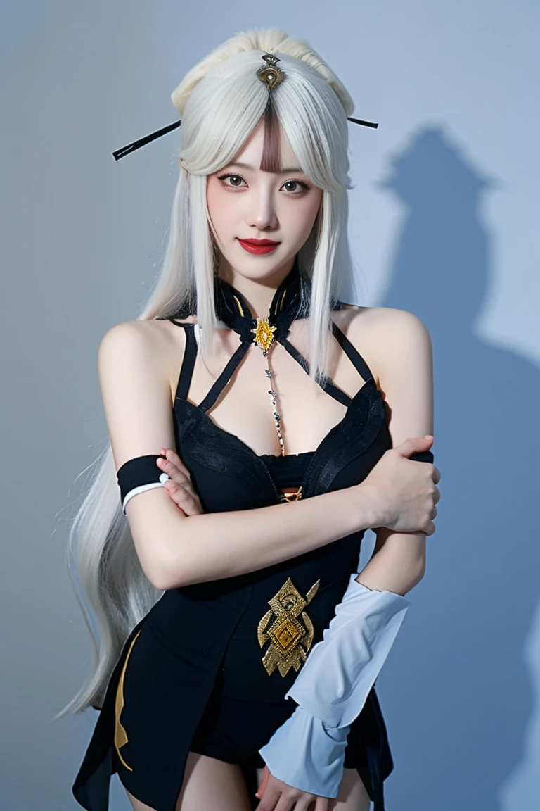 best quality, tmasterpiece,Ultra-high resolution,Clear face,(Reality:1.4),ferpect lighting,(upper body shot:1.5), (photorealistic:1.50), anime wallpaper, Guviz style artwork, cover-up fantasy up to magic , by Yang J, Guviz, beautiful artwork illustration, beautiful digital artwork, beautiful digital illustration, Li Song, beautiful anime portrait, art style in Beauvot,1girl, silver hair, long hair,bangs, smile,Blush,(front:1.3),(standing:1.3), Bare shoulders, Cheeks flushed, Blush, Eye bags closed, double eyelids,
kamisato ayaka, long hair, ponytail, hair band, hair ornament, mole under the eye, blue eyes, breastplate, Tank top, (sleeveless), (bare shoulders), (black shorts:1.5), tassel, gray background , upper body, smile, closed mouth, Arms behind back,