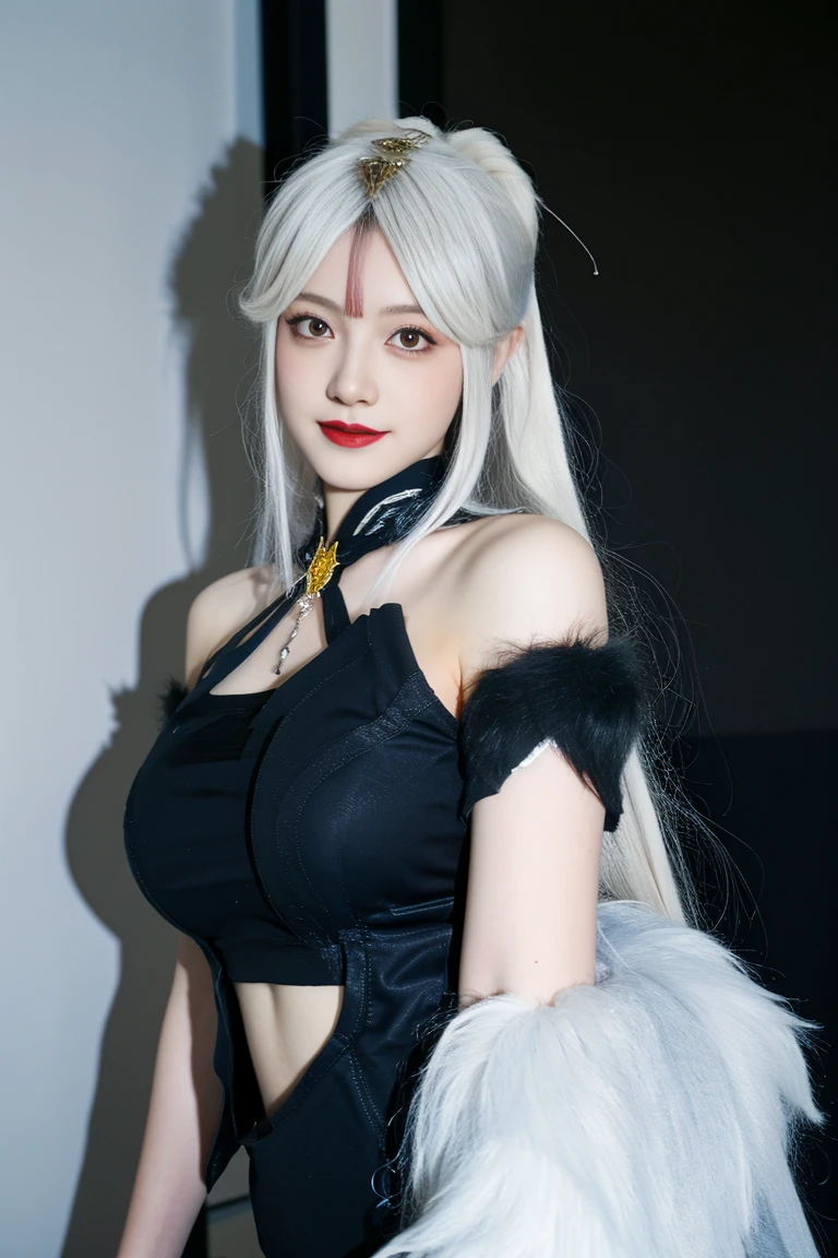 best quality, tmasterpiece,Ultra-high resolution,Clear face,（Reality：1.4），ferpect lighting，(upper body shot:1.5), (photorealistic:1.50), anime wallpaper, Guviz style artwork, cover-up fantasy up to magic , by Yang J, Guviz, beautiful artwork illustration, beautiful digital artwork, beautiful digital illustration, Li Song, beautiful anime portrait, art style in Beauvot,1girl, silver hair, long hair,bangs, smile,Blush,(front:1.3),(standing:1.3), Bare shoulders, Cheeks flushed, Blush, Eye bags closed, double eyelids,
kamisato ayaka, long hair, ponytail, hair band, hair ornament, mole under the eye, blue eyes, breastplate, Tank top, (sleeveless), (bare shoulders), (black shorts:1.5), tassel, gray background , upper body, smile, closed mouth, Arms behind back,