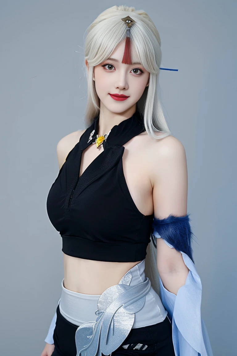 best quality, tmasterpiece,Ultra-high resolution,Clear face,（Reality：1.4），ferpect lighting，(upper body shot:1.5), (photorealistic:1.50), anime wallpaper, Guviz style artwork, cover-up fantasy up to magic , by Yang J, Guviz, beautiful artwork illustration, beautiful digital artwork, beautiful digital illustration, Li Song, beautiful anime portrait, art style in Beauvot,1girl, silver hair, long hair,bangs, smile,Blush,(front:1.3),(standing:1.3), Bare shoulders, Cheeks flushed, Blush, Eye bags closed, double eyelids,
kamisato ayaka, long hair, ponytail, hair band, hair ornament, mole under the eye, blue eyes, breastplate, Tank top, (sleeveless), (bare shoulders), (black shorts:1.5), tassel, gray background , upper body, smile, closed mouth, Arms behind back,