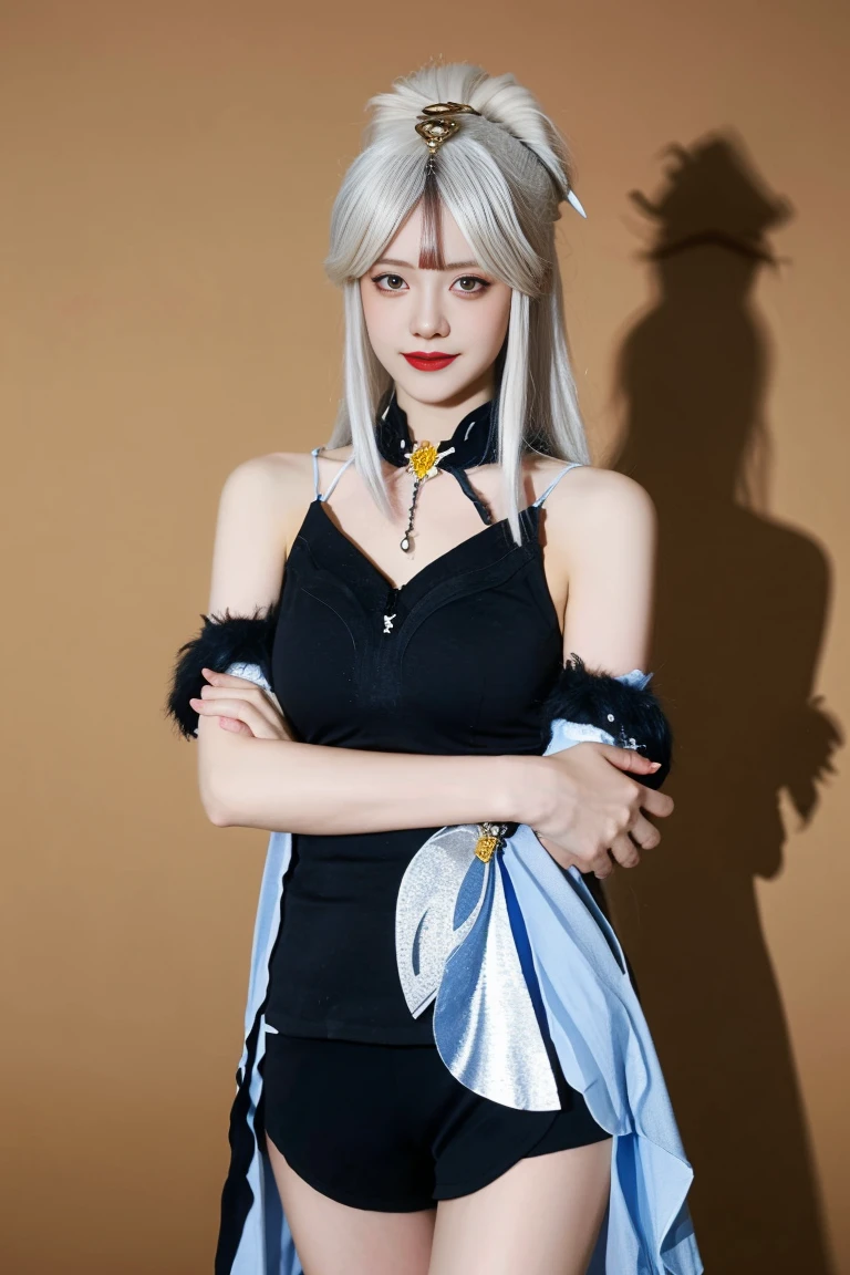 best quality, tmasterpiece,Ultra-high resolution,Clear face,(Reality:1.4),ferpect lighting,(upper body shot:1.5), (photorealistic:1.50), anime wallpaper, Guviz style artwork, cover-up fantasy up to magic , by Yang J, Guviz, beautiful artwork illustration, beautiful digital artwork, beautiful digital illustration, Li Song, beautiful anime portrait, art style in Beauvot,1girl, silver hair, long hair,bangs, smile,Blush,(front:1.3),(standing:1.3), Bare shoulders, Cheeks flushed, Blush, Eye bags closed, double eyelids,
kamisato ayaka, long hair, ponytail, hair band, hair ornament, mole under the eye, blue eyes, breastplate, Tank top, (sleeveless), (bare shoulders), (black shorts:1.5), tassel, gray background , upper body, smile, closed mouth, Arms behind back,