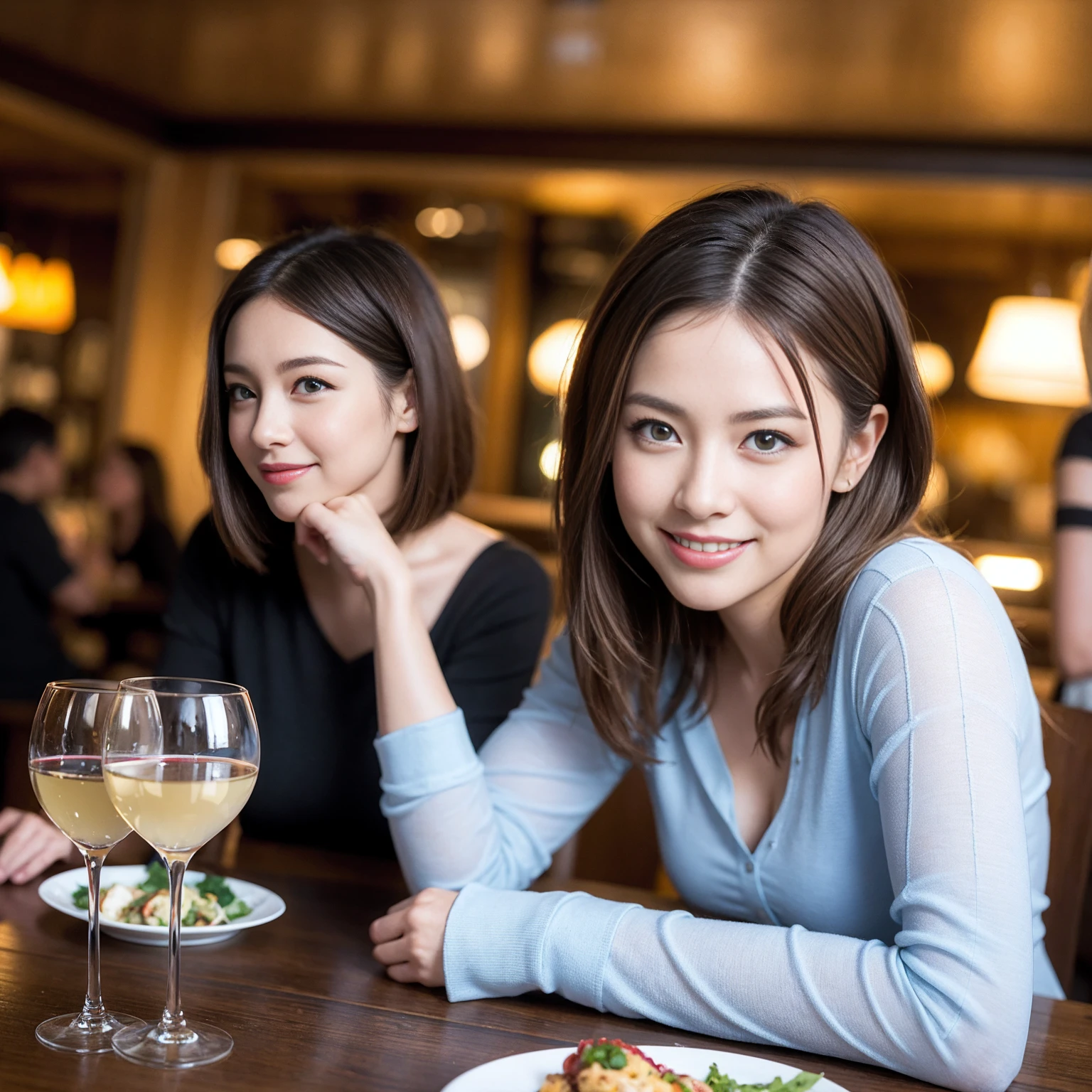 ((Highest quality、8K、masterpiece:1.3))、Yuuko Araki、slimカップル、Pink rubber、modelカップル、(Realistic, Intricate details:1.2), full-course dinner、Wine Party、Amazing view of the sunset sky and clouds、A bright smile、The wonderfulness of smile、Bright image、The beauty of wine, Beautiful Face, blue eyes, The light shines on your face, Blushing, short hair,Bright Face、42 years old), 39 years old, red wine 、Appetizers、Italian food、Wine bottle、Champagne、sparkling wine、Two beauties、Brown Hair、Shortcuts、Long sleeve shirt、dress、Beautiful woman 1, (slimな顔), (The body is slim), (Brown Hair), (Shortcuts), cheeks turn a little red,Attractive beauty、restaurant, In a prominent place (From the waist up) Nova Frog Style, actress, model, Upper Body, White wine, slim, wine glass, 中央に置かれたwine glass, smile, (smile: 1.15), Beautiful fine grain, Depth f/2,saturation, High Contrast, Strong light and shadow,Moist Body:1.5、3D texture、Delicate eyes、Brown Hair、The hair is very shiny、