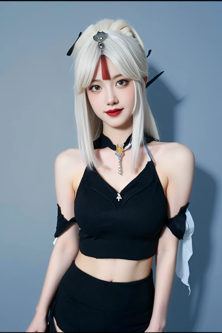 best quality, tmasterpiece,Ultra-high resolution,Clear face,(Reality:1.4),ferpect lighting,(upper body shot:1.5), (photorealistic:1.50), anime wallpaper, Guviz style artwork, cover-up fantasy up to magic , by Yang J, Guviz, beautiful artwork illustration, beautiful digital artwork, beautiful digital illustration, Li Song, beautiful anime portrait, art style in Beauvot,1girl, silver hair, long hair,bangs, smile,Blush,(front:1.3),(standing:1.3), Bare shoulders, Cheeks flushed, Blush, Eye bags closed, double eyelids,
kamisato ayaka, long hair, ponytail, hair band, hair ornament, mole under the eye, blue eyes, breastplate, Tank top, (sleeveless), (bare shoulders), (black shorts:1.5), tassel, gray background , upper body, smile, closed mouth, Arms behind back,