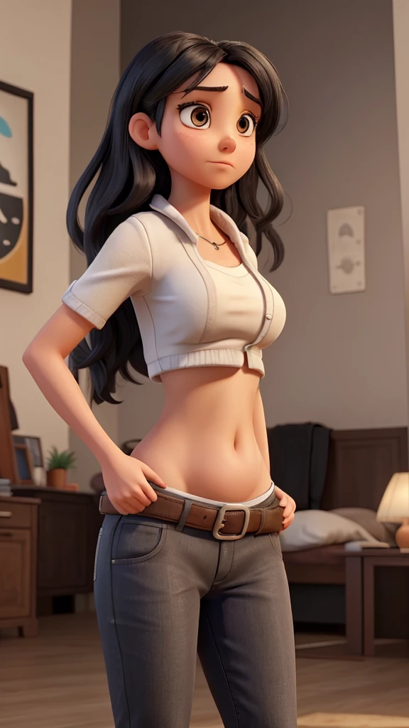 A woman in her 20s with both hands on her belly button. Black hair. She looks troubled by her stomach ache.