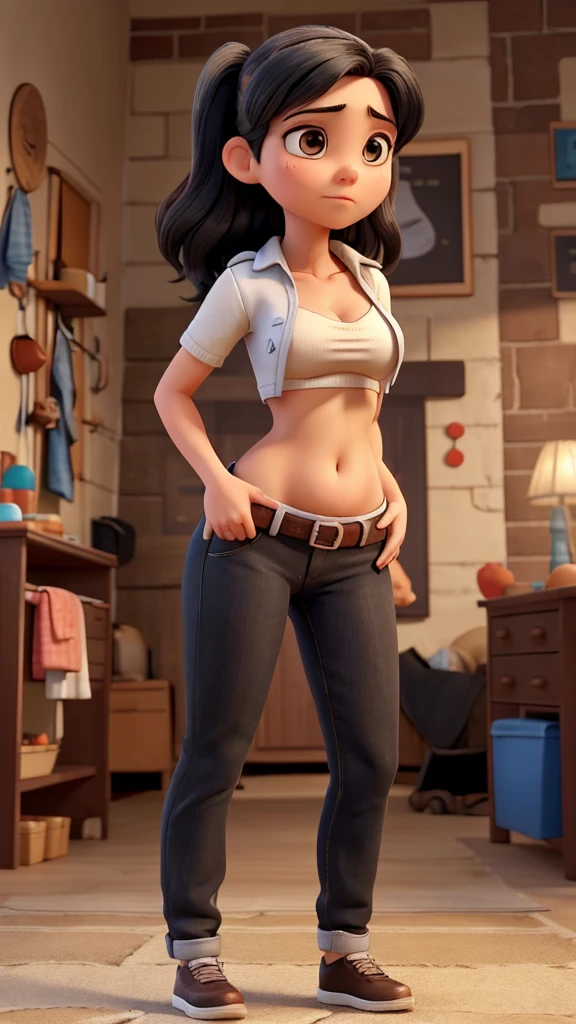 A woman in her 20s with both hands on her belly button. Black hair. She looks troubled by her stomach ache.