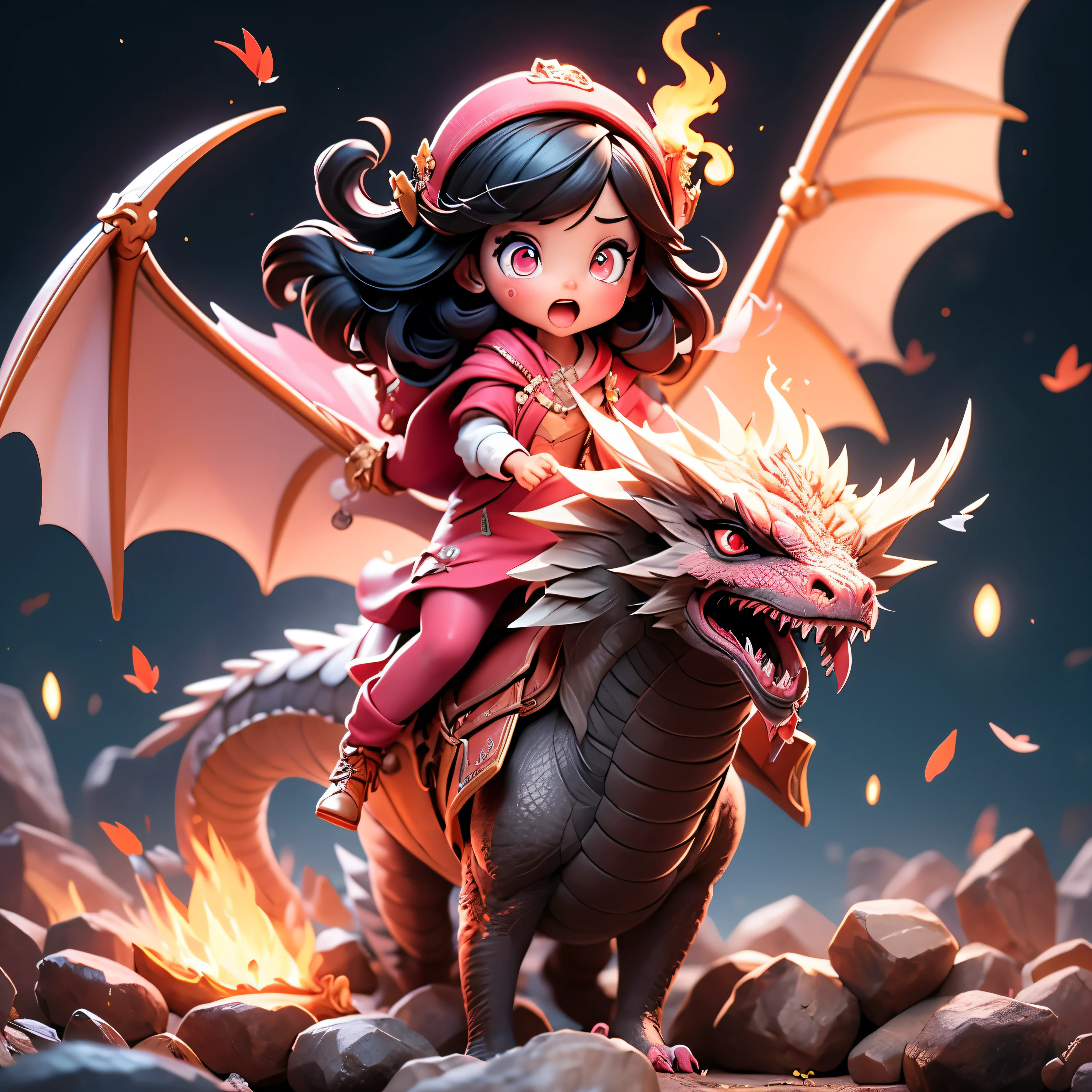 Black hair, pink eyes, girl, flying in the sky astride a dragon, spitting fire from her mouth, cute