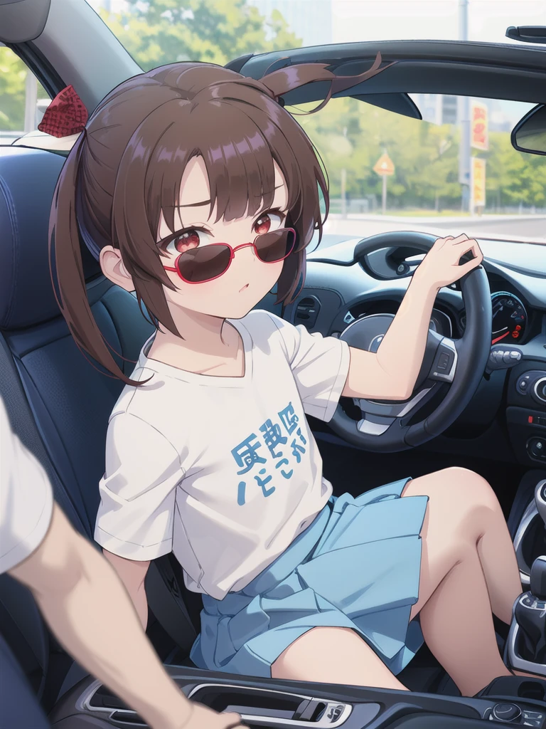 In the car,Convertible,Sitting,((Behind the wheel of a car)),Looking Ahead,driving,1 Girl, 独奏, Red eyes,Wearing black sunglasses,, Twin tails, brown hair,crawling,((顔 focus)),upper body,White T-shirt,Blue Skirt, bangs, eyebrows visible through hair, Flat Chest, 