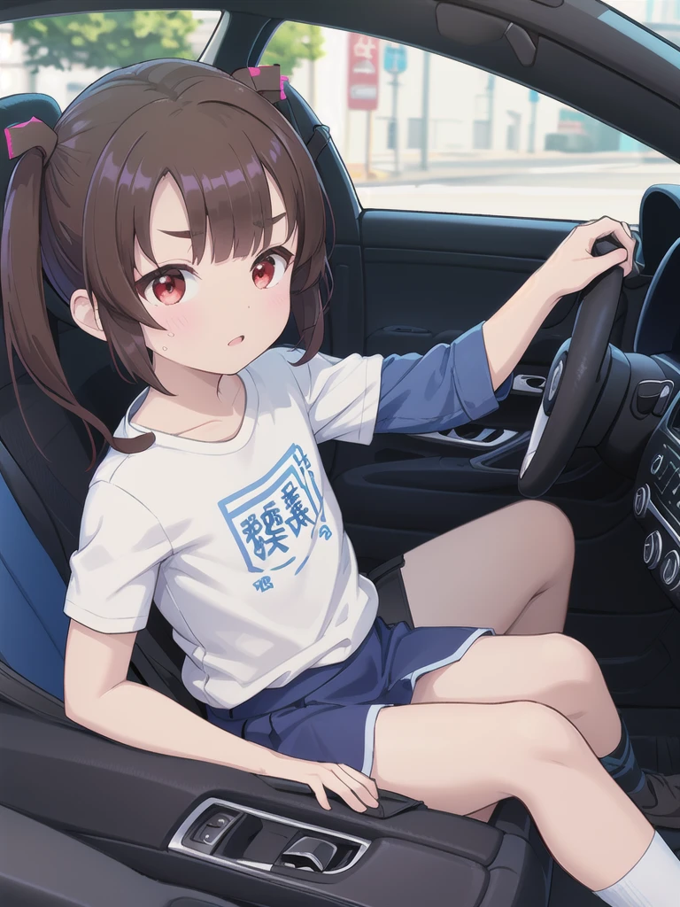 In the car,Convertible,Sitting,((Behind the wheel of a car)),Looking Ahead,driving,1 Girl, 独奏, Red eyes,Wearing black sunglasses,, Twin tails, brown hair,crawling,((顔 focus)),upper body,White T-shirt,Blue Skirt, bangs, eyebrows visible through hair, Flat Chest,