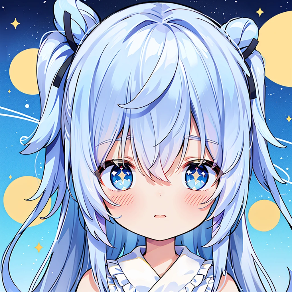 ((Highest quality)), ((masterpiece)), (detailed), One girl, Fine Lines, (Big eyes, The corners of the eyes are droopy and slanted, Lower eyelid corners droop), (Light blue hair, Loosely wrapped, Two Side Up), ribbon, Frills, Soft and fluffy, fluffy, Tanabata, Sparkling, moon, star, Pastel feel, Lines drawn over and over again, graffiti, solo
