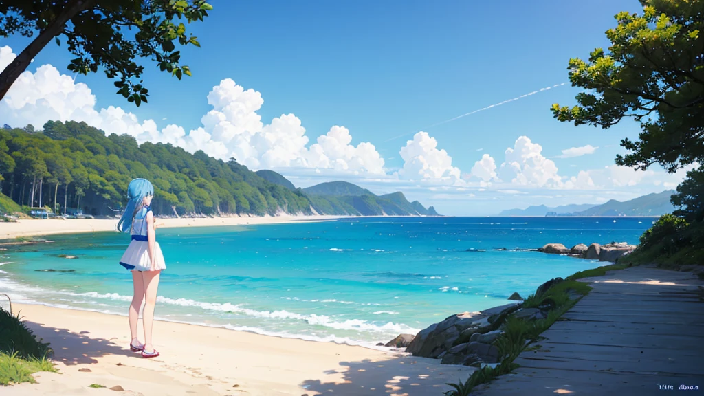 In the beautiful scenery of blue sky and sea、白いドレスを着たgirlが立っている。She stands quietly on the beach、I&#39;While stroking my hair, Blowing in the Wind。girl&#39;The expression is calm.、Smile。Her white dress gives a neat and elegant impression..、It depicts fluttering in the wind。The blue sky is beautiful、The ocean waves are rolling quietly、In the distance, I can see the horizon。The background is the coast and sandy beach、Seabirds and shells are sometimes depicted..、Expressing the calm atmosphere of the sea。girl and the background are in harmony、Create illustrations that evoke a sense of quiet happiness.。