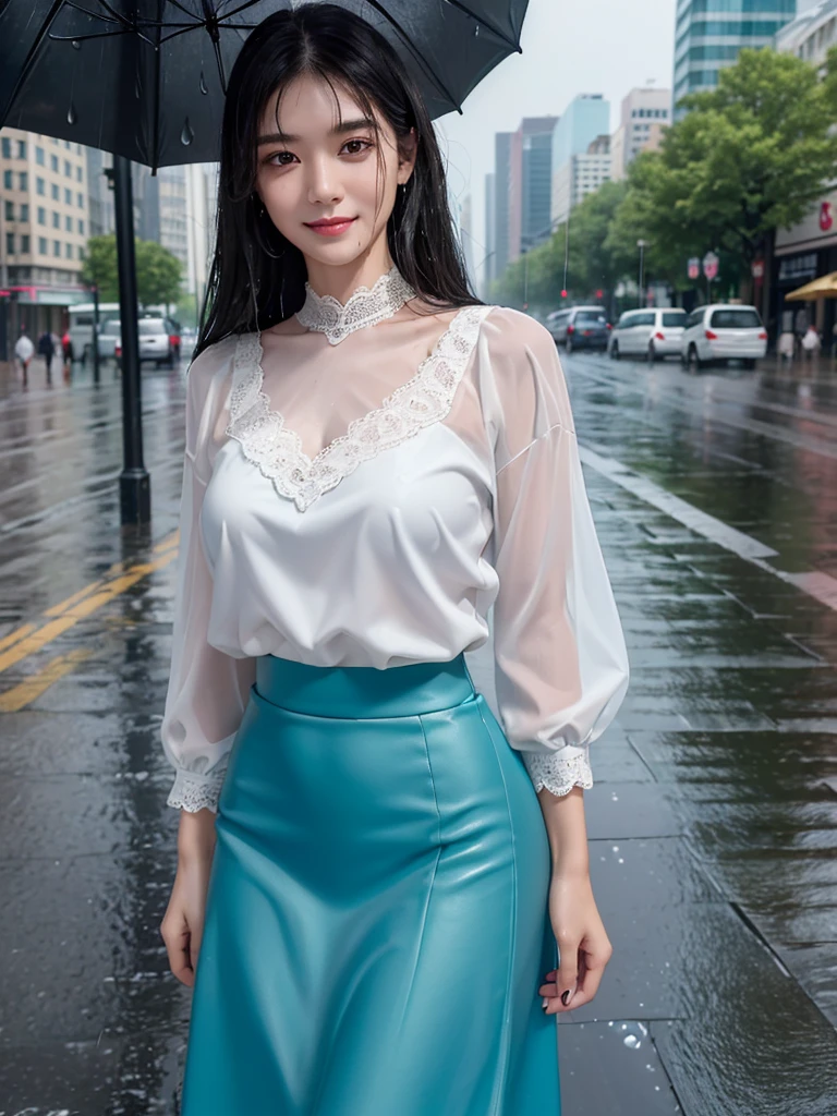 ((best quality, 8K, masterpiece: 1.3)),upper body,Black Hair, black eye,sharp focus: 1.2, beautiful woman with a perfect body: 1.4, ((Medium Hair, large: 1.2)), (small and beautiful hard (White blouse with lace、Tight dark turquoise long skirt), (wet from rain: 1.2), (rain, street: 1.2), wet body: 1.1, Highly detailed face and skin texture, detailed eyes, double eyelids, White skin,,E cup,smile,Financial district of the big city,Skyscraper,白い肌,