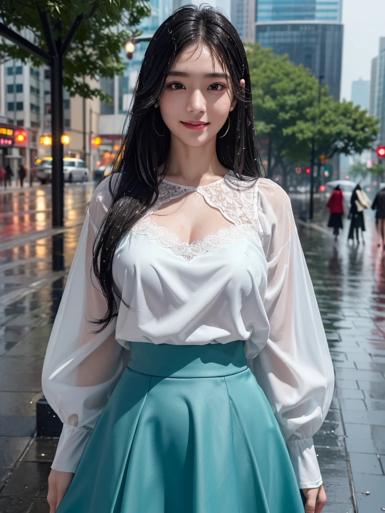 ((best quality, 8K, masterpiece: 1.3)),upper body,Black Hair, black eye,sharp focus: 1.2, beautiful woman with a perfect body: 1.4, ((Medium Hair, large: 1.2)), (small and beautiful hard (White blouse with lace、Tight dark turquoise long skirt), (wet from rain: 1.2), (rain, street: 1.2), wet body: 1.1, Highly detailed face and skin texture, detailed eyes, double eyelids, White skin,,E cup,smile,Financial district of the big city,Skyscraper,白い肌,
