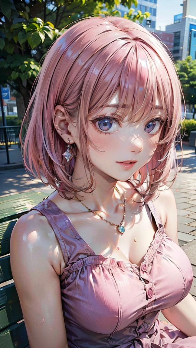 (Masterpiece, BestQuality:1.3), (ultra detailed:1.2), (hyperrealistic:1.3), (RAW photo:1.2), High detail RAW color photo, professional photograph, (Photorealistic:1.4), (realistic:1.4), professional lighting, perfect anatomy, (Big Breasts), (blush, detailed face), (cheerful Smile:1.5), (Pink Hair:1.5), Trending Hair&Trending Hairカラーをランダムに, earrings, necklace, bracelet, sexly, erotic sexly, Random sexy gravure poses, (Woman in casual dress、The background is a park、A refreshing smile、Bobcut、Sitting on bench pose: 1.3)