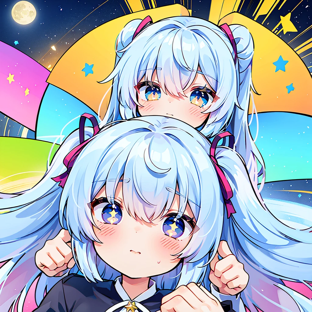 ((Highest quality)), ((masterpiece)), (detailed), One girl, Fine Lines, (Big eyes, The corners of the eyes are droopy and slanted, Lower eyelid corners droop), (Light blue hair, Loosely wrapped, Two Side Up), ribbon, Frills, Soft and fluffy, fluffy, Tanabata, Sparkling, moon, star, Pastel feel, Lines drawn over and over again, graffiti, solo