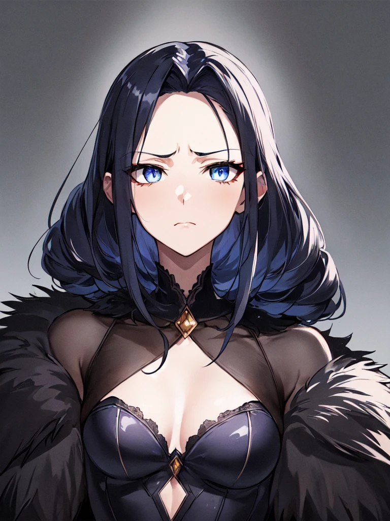 ((Portrait)), She has a Very Small and Slender Appearance, with a Fierce Temperament and an Anger Face with a Constant Frown. Her Sapphire Eyes Shine Brightly, Expressing the Fury of the Storm. Her Hair is Short and Dark Blue, with a Bare Forehead, and Large Braids Falling Over Her Shoulders. She Wears a Large, Worn-out Black Fur Coat with Winter Accessories, Portrait, HDR, ((Dark Background))