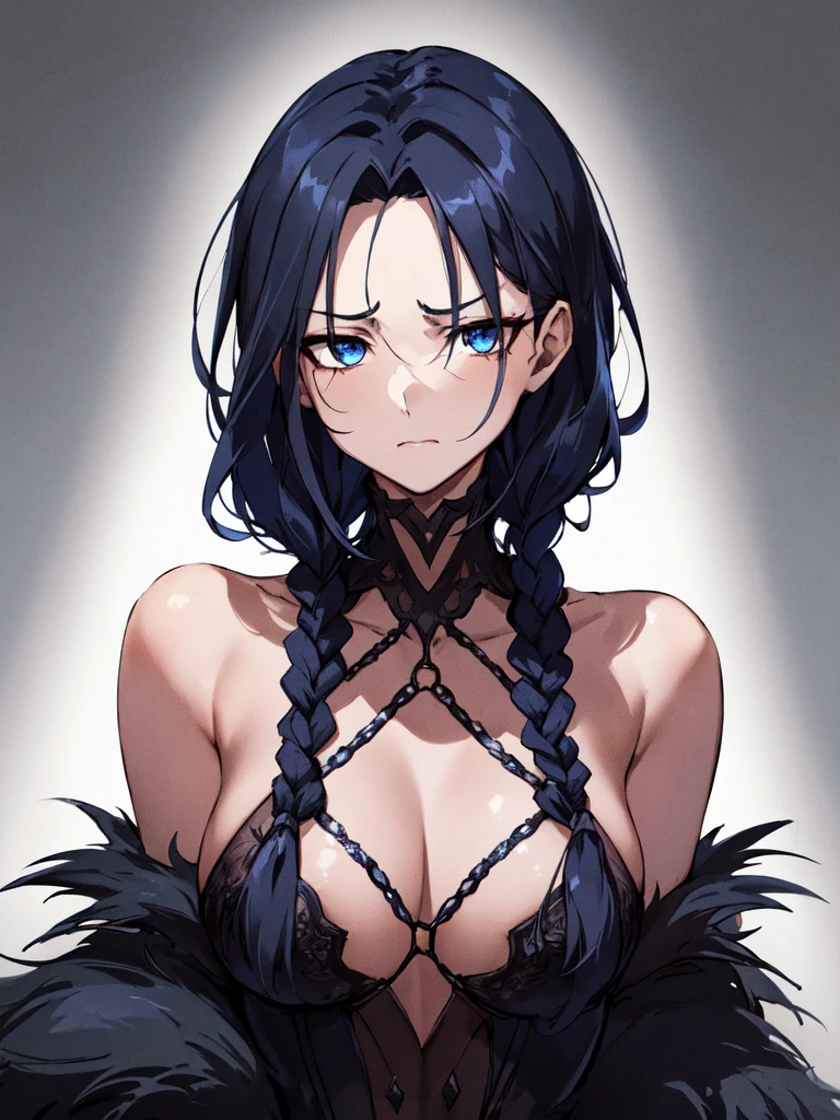 ((Portrait)), She has a Very Small and Slender Appearance, with a Fierce Temperament and an Anger Face with a Constant Frown. Her Sapphire Eyes Shine Brightly, Expressing the Fury of the Storm. Her Hair is Short and Dark Blue, with a Bare Forehead, and Large Braids Falling Over Her Shoulders. She Wears a Large, Worn-out Black Fur Coat with Winter Accessories, Portrait, HDR, ((Dark Background))