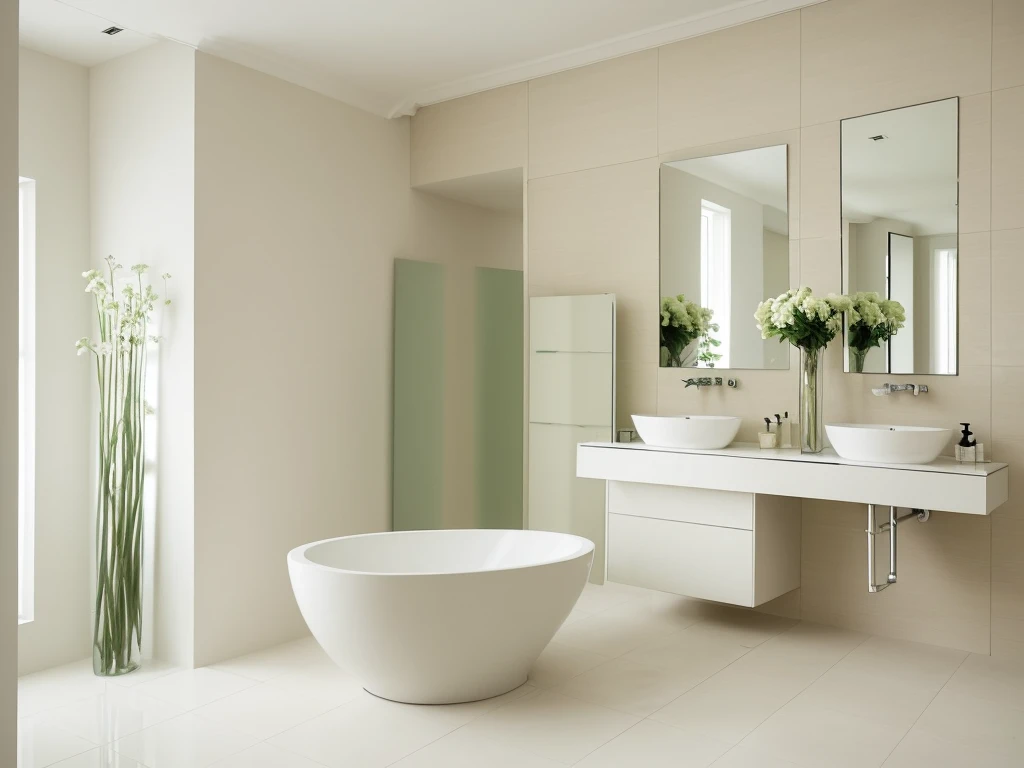 Indoors, the entire room is shot from the front at a 45-degree angle, with light beige tiles lining the walls. Modern luxury bathroom with minimalist design. Featuring a large floating vanity with white top and rectangular sink, dark wood drawers and elegant faucets. A large rectangular backlit mirror spans the wall behind the vanity. There is a freestanding oval bathtub on the light tiled floor to the right. Tall vases with white flowers and green plants were placed around the room. The lighting is warm and atmospheric. Super detailed, authentic, high quality