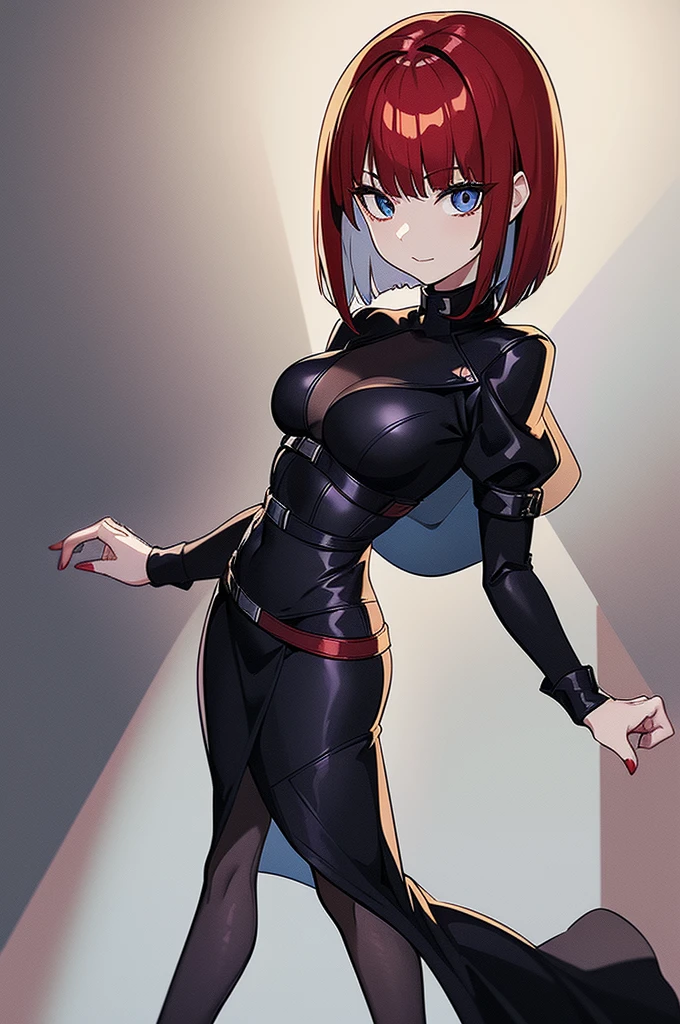 a beautiful girl with red hair wearing a black dress, detailed facial features, bob haircut, full body illustration, woman wearing a long black and red coat, solo character, white background, anime style, highly detailed, photorealistic, 8k, best quality, masterpiece, blue eyes, short hair