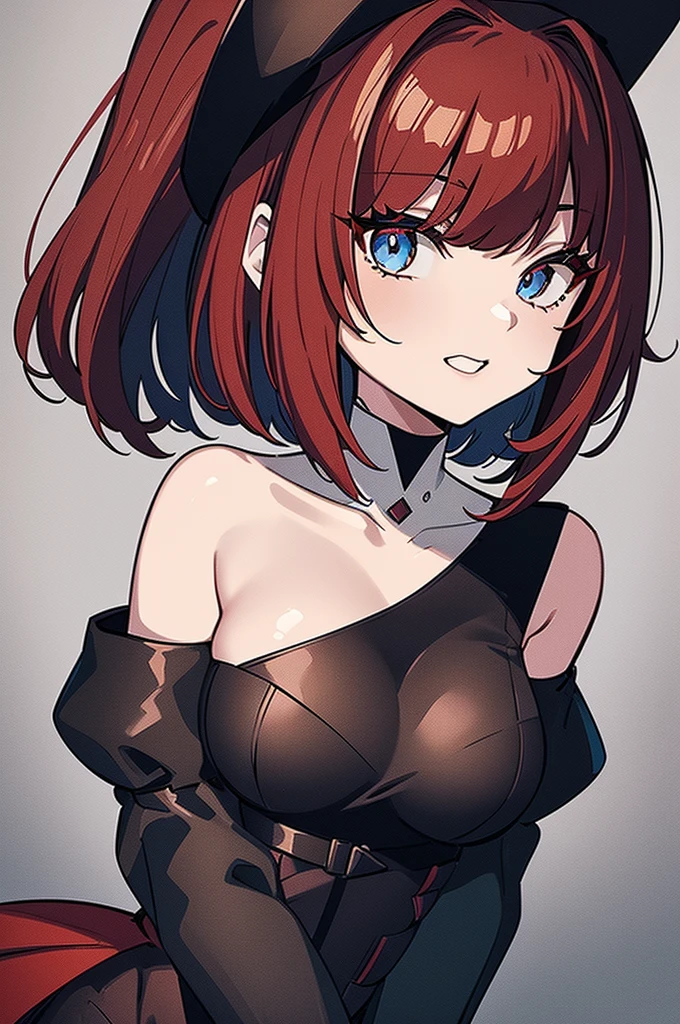 a beautiful girl with red hair wearing a black dress, detailed facial features, bob haircut, full body illustration, woman wearing a long black and red coat, solo character, white background, anime style, highly detailed, photorealistic, 8k, best quality, masterpiece, blue eyes, short hair