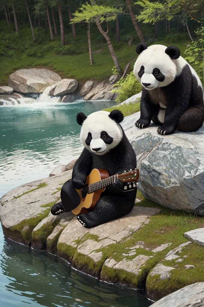 hyper realistic and detailed image of a panda bear sitting on a rock at the edge of a lake playing the guitar fast, facing the camera and looking, full body