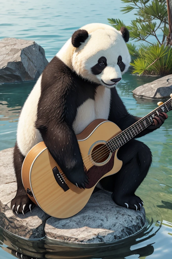 hyper realistic and detailed image of a panda bear sitting on a rock at the edge of a lake playing the guitar fast, facing the camera and looking, full body