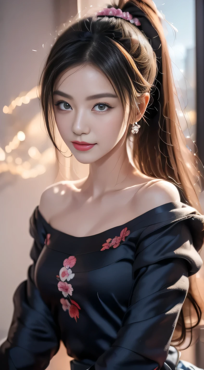 I, of_student, +_+, Black_hair, 高of_Ponytail, Red_flower_hair_Decorations, masterpiece, Best of quality, Extremely detailed, illustration, Alone of, 1 Girl