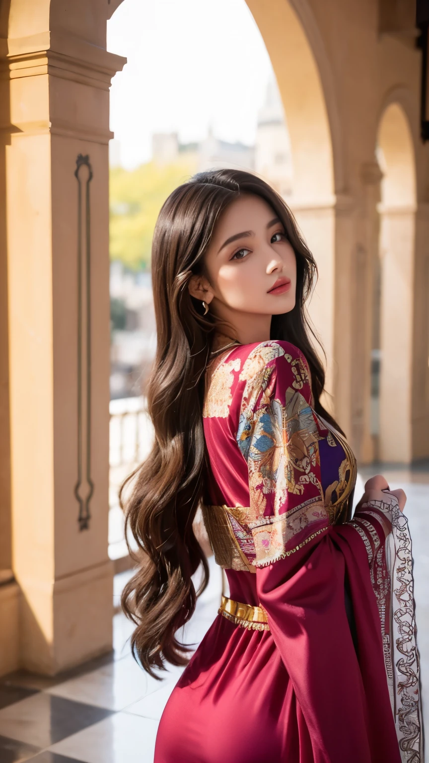 İndian girl, 21 years, model, beauty, light skin, long hair, background is bazaar, colorful dress, sexy woman, beautiful eyes,