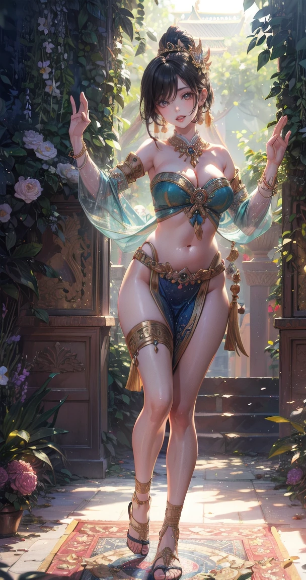 (Masterpiece:1.5), (((High qualityสุด, best quality, High quality))), ((complicated details, very detailed, Crazy details)), height, 32ก, Extremely detailed CG 8K unity wallpaper., (beautiful and beautiful:1.2),, (depth of field:1.3), (Flawless.:1.3), (Delicate depiction of details:1.4),
(((Abundant natural light, Delightful bright colors))), (Ambient volumetric backlight:1.5),  (Illustration of an extremely beautiful young woman:1.3),
(upper body:1.4), (perfect center:1.4), (Natural willow pose:1.5), (((dynamic poses, movie corner))),
(1milf:1.5), (alone:1.4),
beautiful beautiful face, [(detailed face:1.2):0.2], Bright eyes, Pure Rose Face_v1, ulzzang-6500-v1.1,  (gag:1.5), (red lips:1.4), (full lips:1.4), (smile:1.3),
Flawless attractive body, (((The feminine curves are pronounced.))), Skin glows brightly., realistic skin, hair follicles, (((Tightening belly, navel, Groin:1.3))),
(((Golden thread flutters.))), (Fringed tassels:1.3), (Tight long sleeves:1.4), (Single neck), (The invention shines.:1.5),(Strapless Thai dress with no straps:1.3),(Show your breasts,The crevice is clear.), (Elegant and intricate clothing accessories:1.5), (Embroidery work decorated with gems:1.4), (sparkling clothes:1.4), (sparkling particles:1.3), (((The front seam is sagging., Sagging back seam))), (((earring, armband, Hair clips, hair accessories))), (Stand alone in a magical outdoor garden decorated with gems and colorful exotic flowers and shrubs.:1.5), (Outside the great ancient palace:1.5), (((full body))),(((ขับnavel,List of dances,Thai Dance)))
